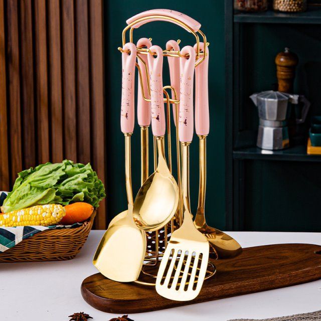 Light Luxury Stainless Steel Gold Plated Porcelain Handle Spatula Soup Spoon Set Batch Seven-Piece High-End Kitchenware Gilding Porcelain Handle Shovel