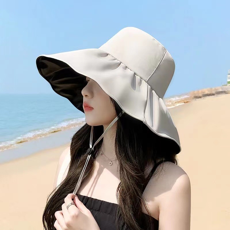 new women‘s spring and summer black glue sun protection sun protection cover face uv protection sun hat beach big brim fisherman hat