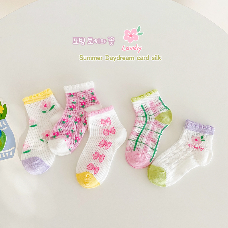 Children's Socks Wholesale 23 Spring and Summer Thin Cherry Flower Baby Mesh Stockings Wooden Ear Cotton Girls' Socks