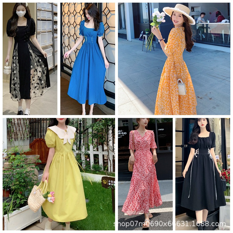 2023 Summer New Korean Style Floral Chiffon Dress Waist Slimming Temperament A- line Short Sleeve Dress Tail Goods Wholesale