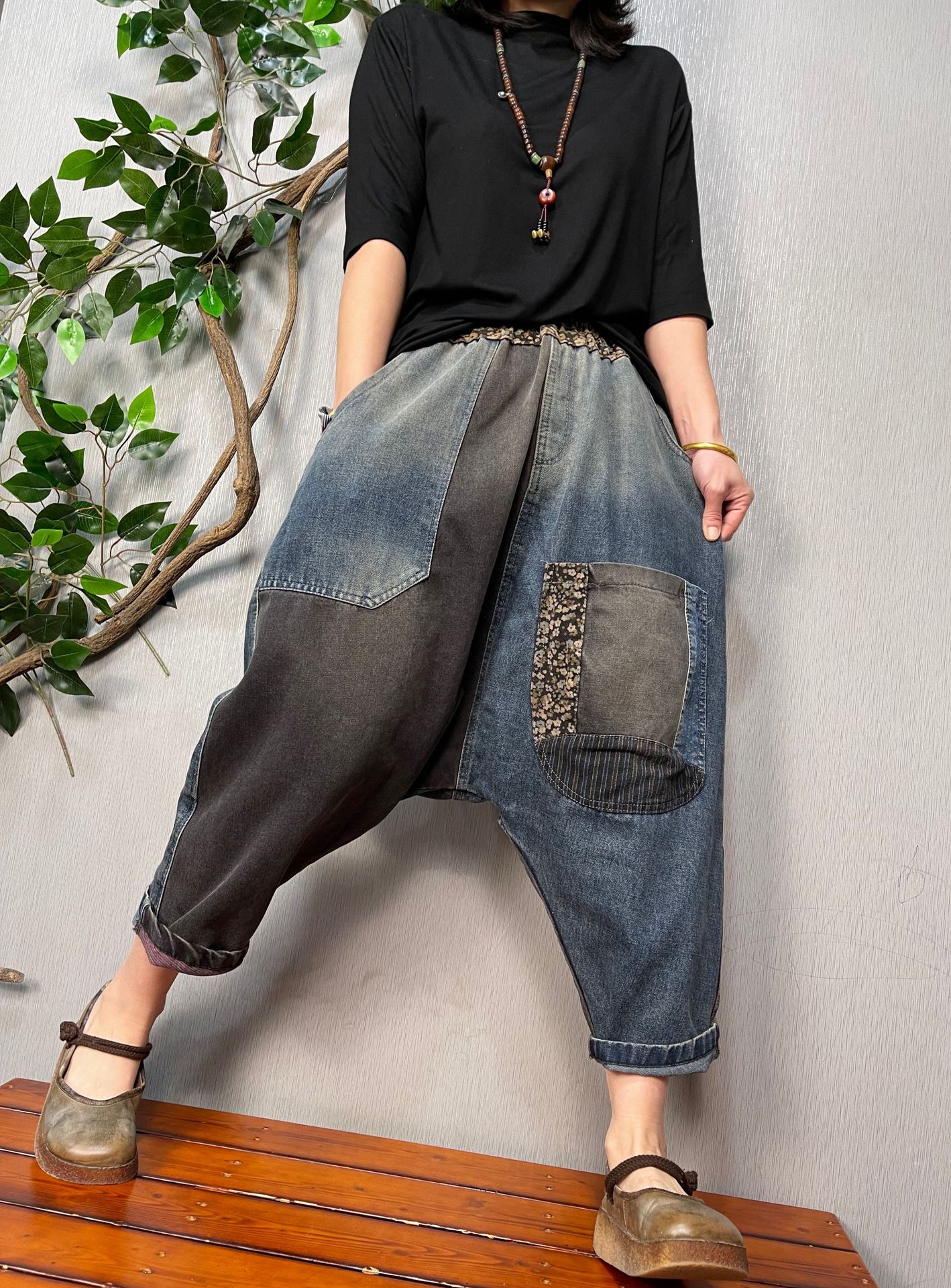 垮裤2022夏季新款民族风大码贴布牛仔吊裆裤女士2022春新款文艺复古