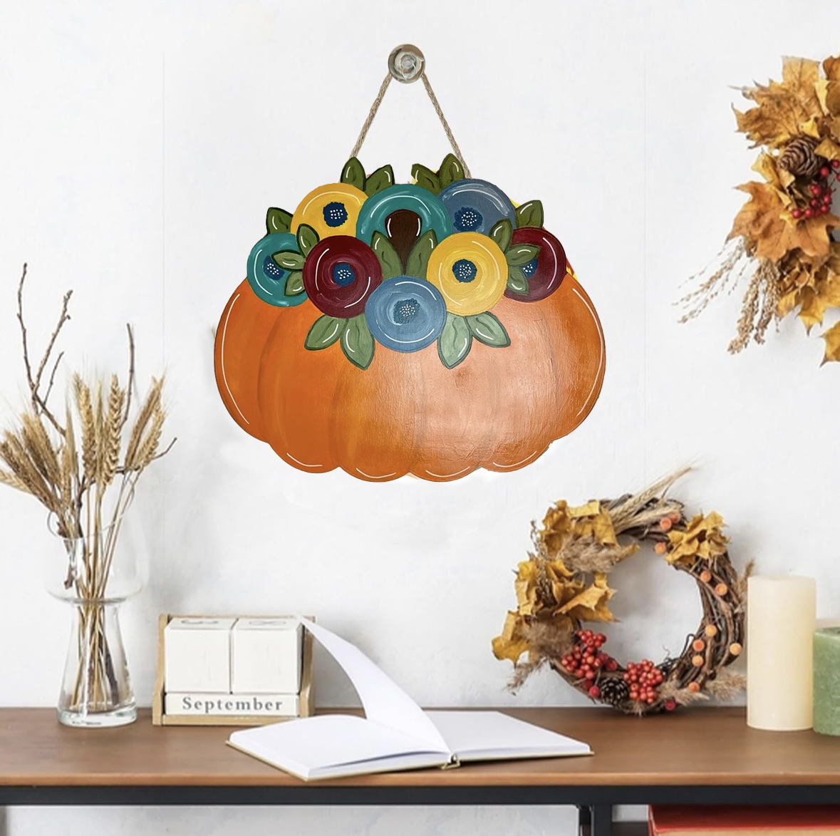 跨境新品秋季感恩节木质南瓜门牌家居装饰品万圣节南瓜门挂摆挂件