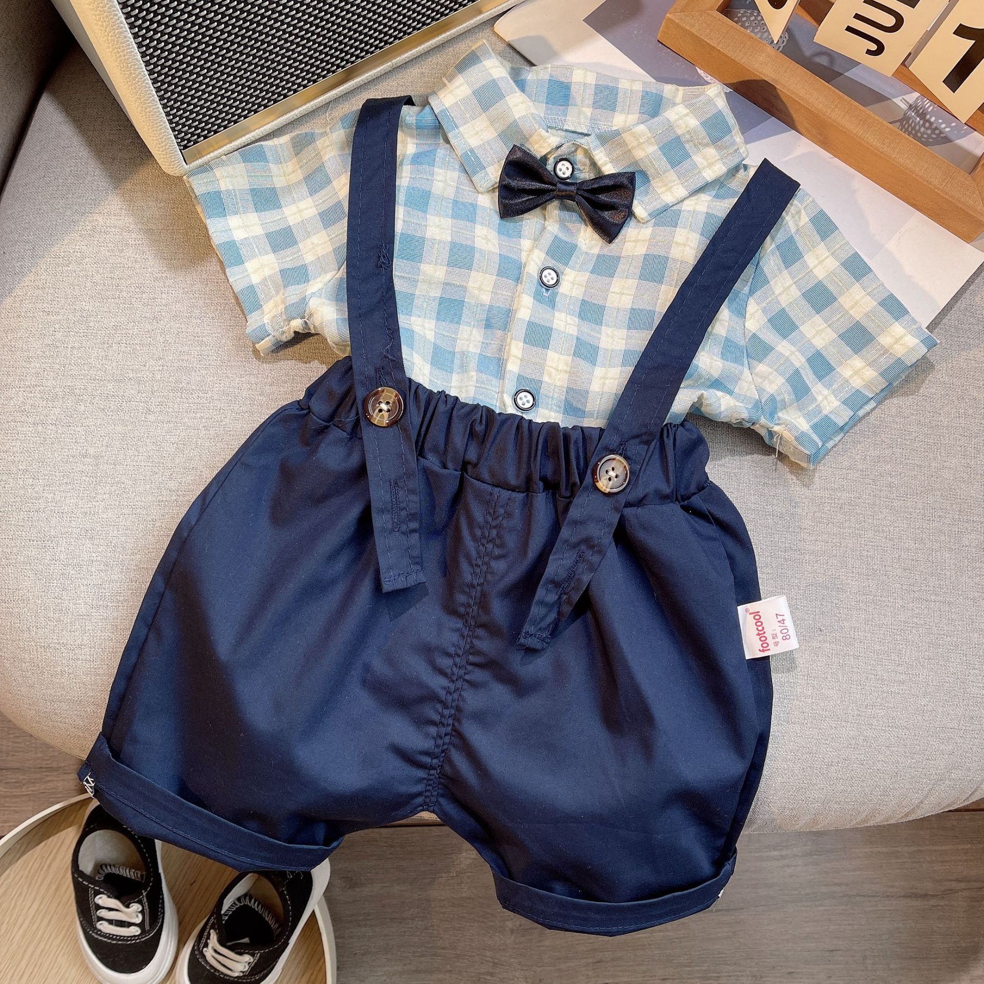 Boys' Casual Summer Children Cartoon Plaid Single-Breasted Short Sleeve Shirt Children's Suspender Pants Two-Piece Set Wholesale