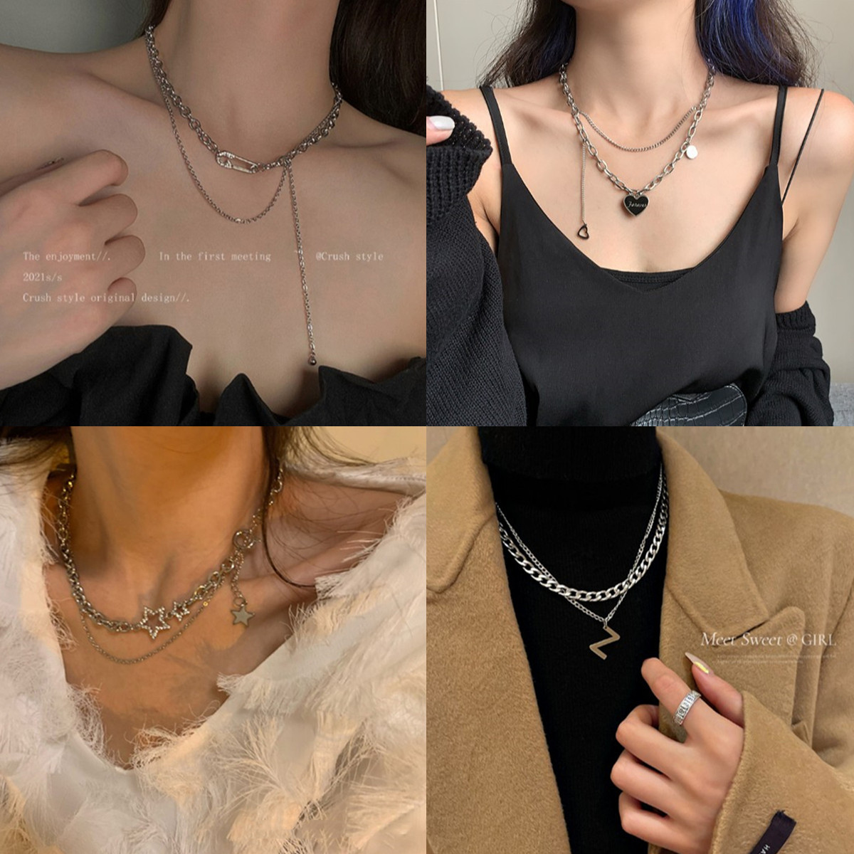 European and American Style Fashion Double Layers Loving Heart Necklace Female Stitching Cold Style Female Hip Hop Long Sweater Sweater Chain Ins Fashion