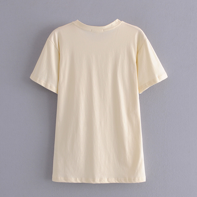 批发2021春新品欧美风女装米色口袋印花老虎头t恤衫