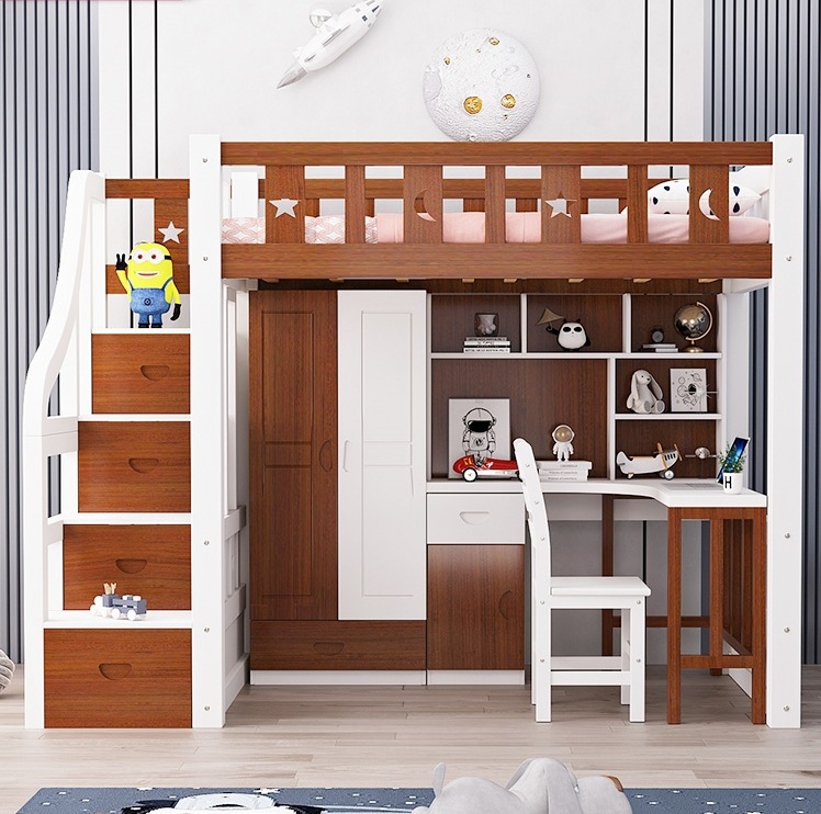 上床下书桌床组合高低床儿童房间整体衣柜床上下铺学习桌一体实木