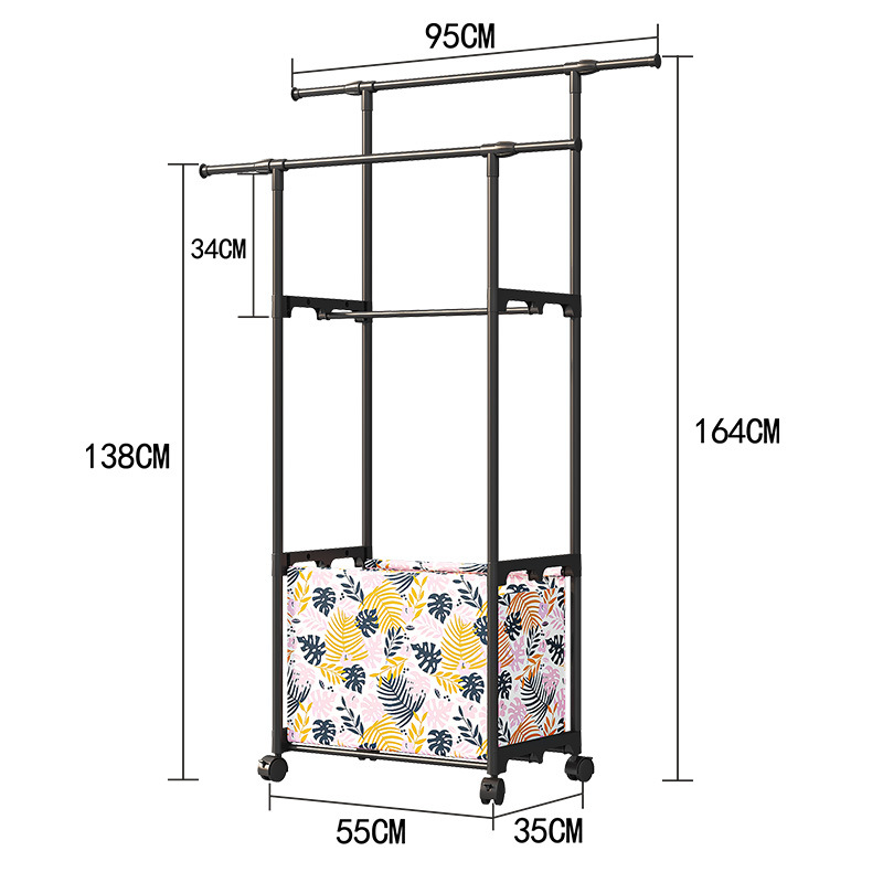 Southeast Asia Hot Sale Simple Type Home Double Bar Clothes Hanger Storage Laundry Basket Bedroom Coat Rack Pant Rack Shoes and Hat Rack