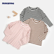 minizone儿童长袖T恤男童春季新款女童打底衫上衣服条纹衫圆领衫