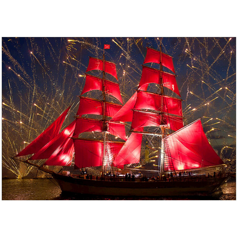 亚马逊爆款货源5d钻石画红色帆船diy满钻圆钻夜空贴钻绣系列家居