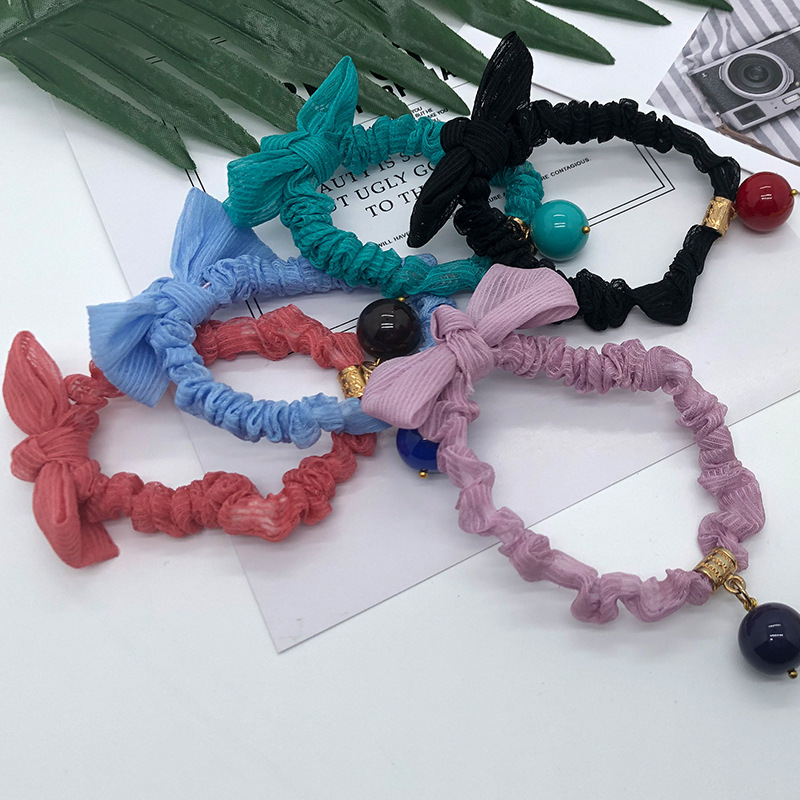 批发新款日韩发圈橡皮筋纱纱结配珠发绳女蝴蝶结可爱简约纯色发绳