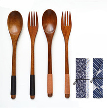 日式缠线木质勺子叉子筷子三件套长柄实木成人便携勺叉布袋餐具