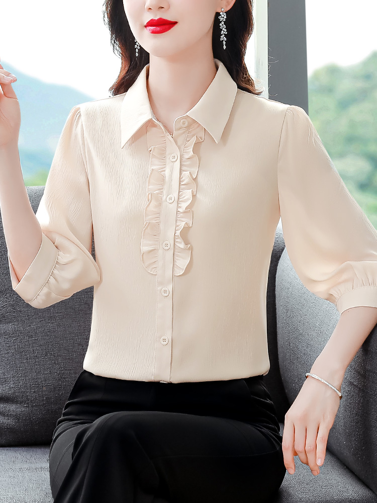 妈妈中袖雪纺衬衫女士2024早春新款法式短袖衬衣中年夏季洋气上衣