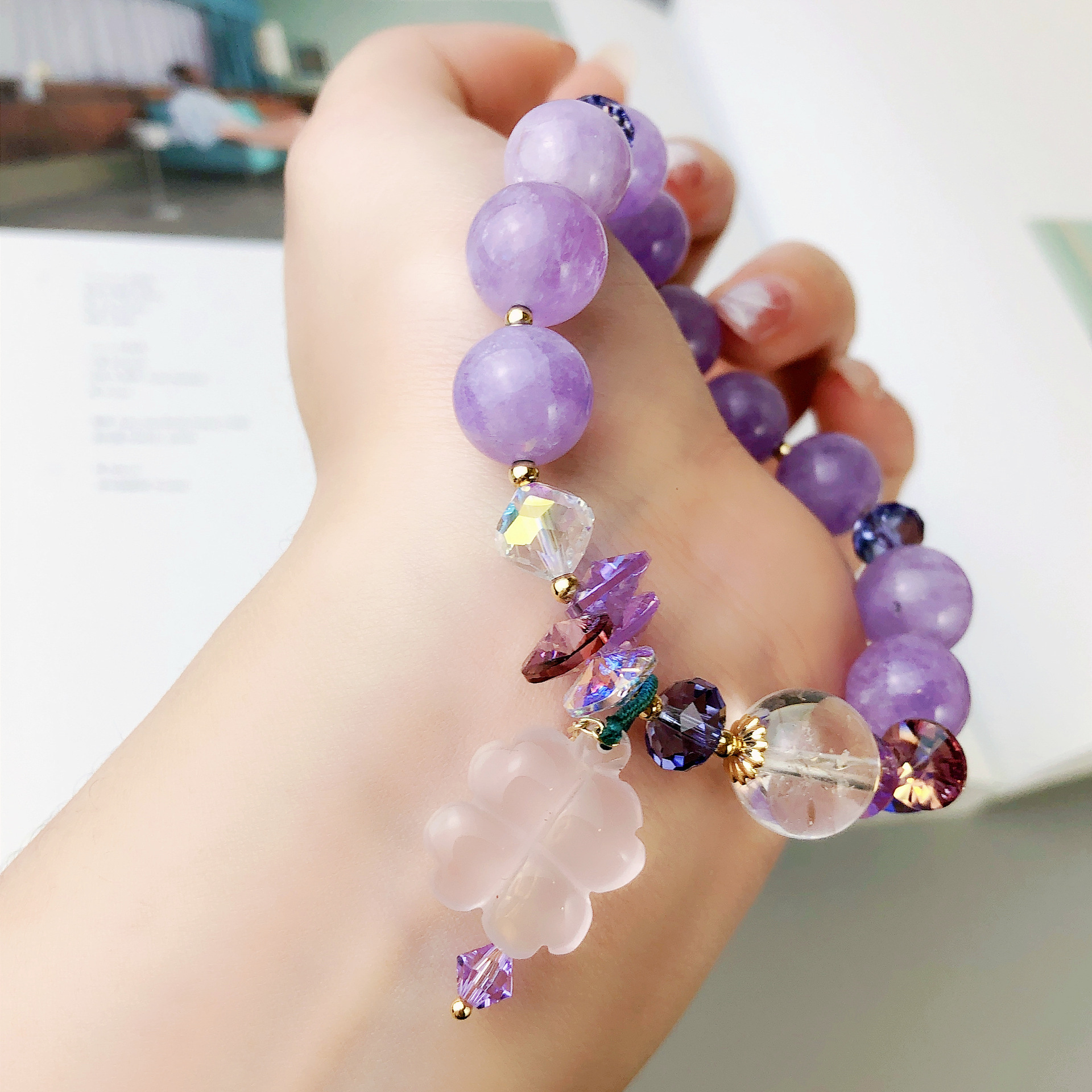 甜美气质薰衣草紫晶手链单圈白水晶粉晶四叶草奥地利水晶手串礼品