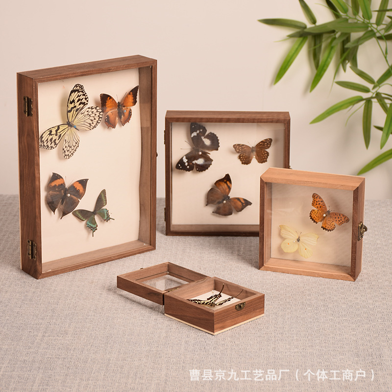 胡桃木昆虫标本盒翻盖式标本展示盒植物干花收藏盒木质蝴蝶标本盒