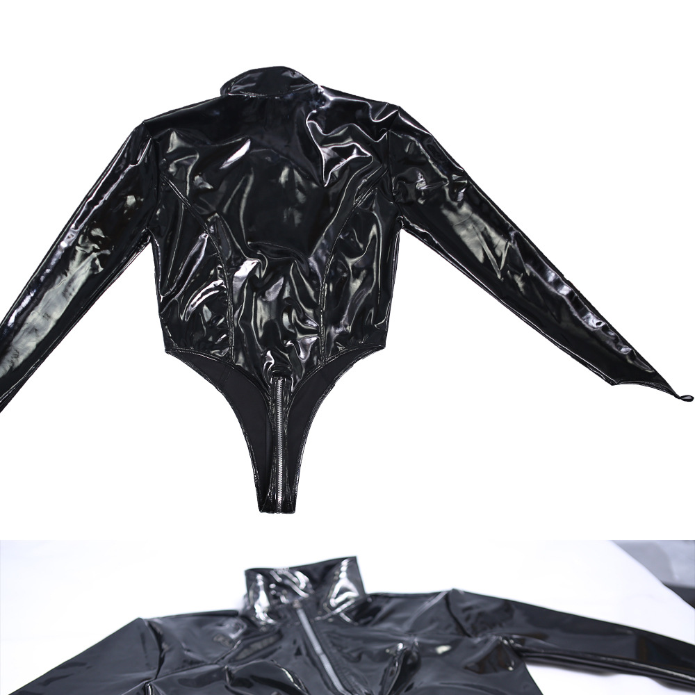 魅色欧美时尚高叉t裆三角连体衣gn08乳胶氨长袖钩指连体紧身衣