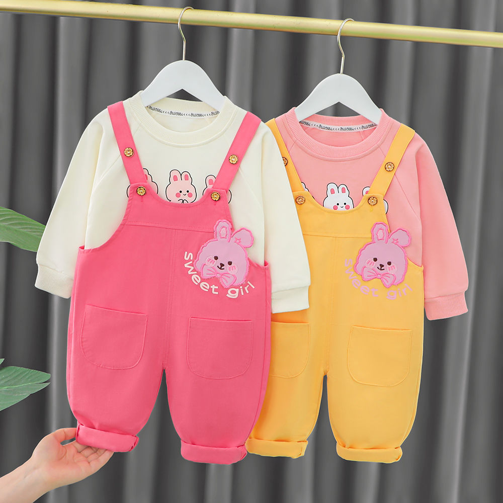 女孩宝宝小白兔可爱背带裤甜美两件套女童衣服小兔秋装长袖套装女