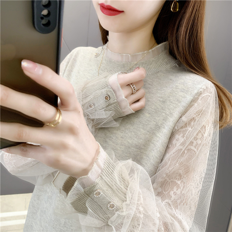 lace bottoming shirt women‘s spring and autumn thin 2023 new loose fashionable stylish inner wear sweater short knitted top