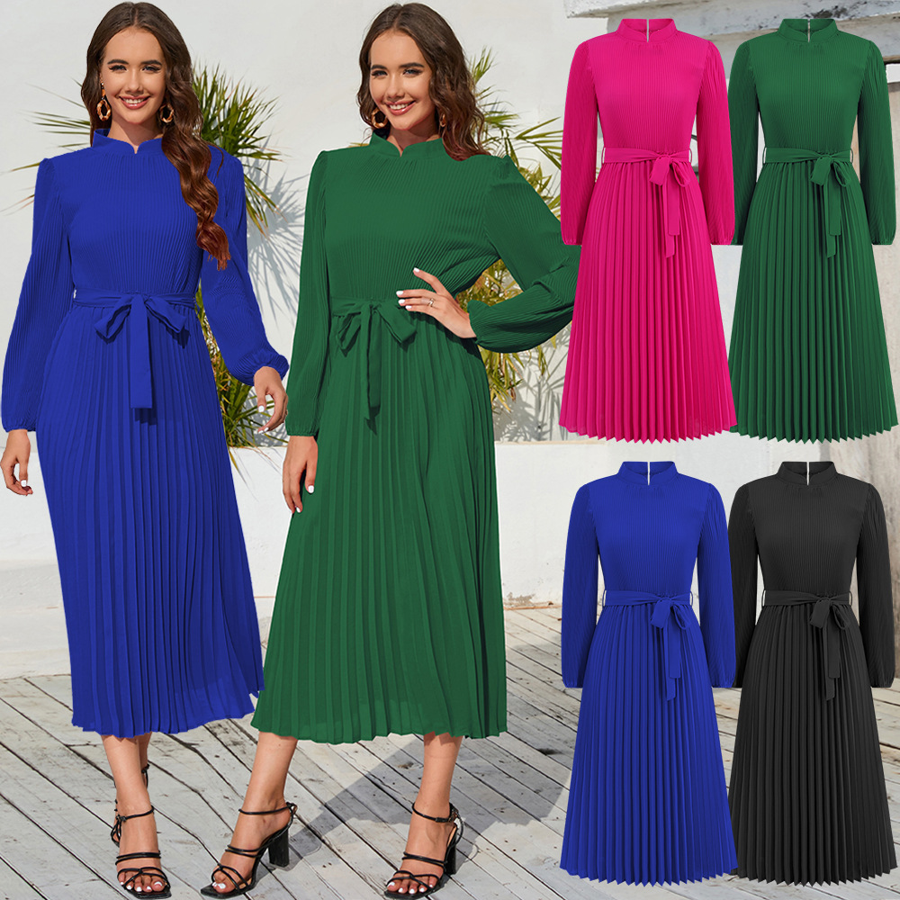 ol修身气质长裙秋冬新款女收腰系带立领连衣裙跨境外贸亚马逊女装