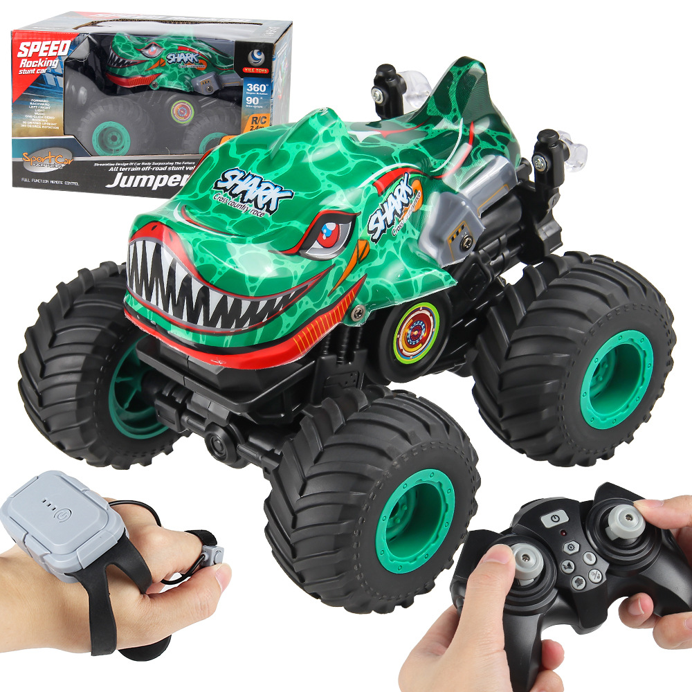 4g双遥控特技鲨鱼车自带声光旋转攀爬皮卡车电动遥控车玩具