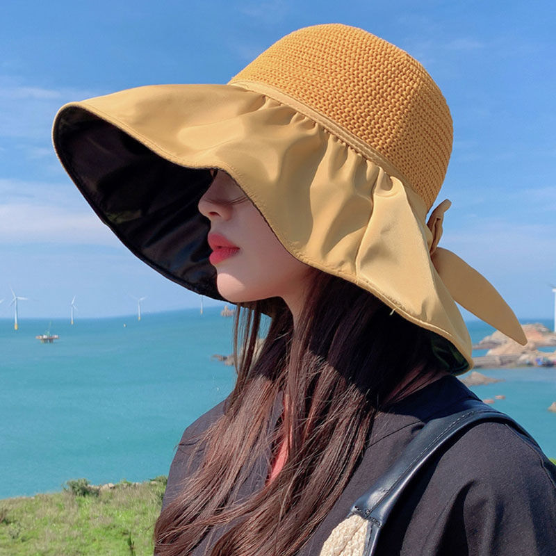 Sun Hat Sun Protection Hollow out Breathable Bow Vinyl Beach Hat Straw Hat Large Face Cover Sun-Proof Sun Fisherman Hat