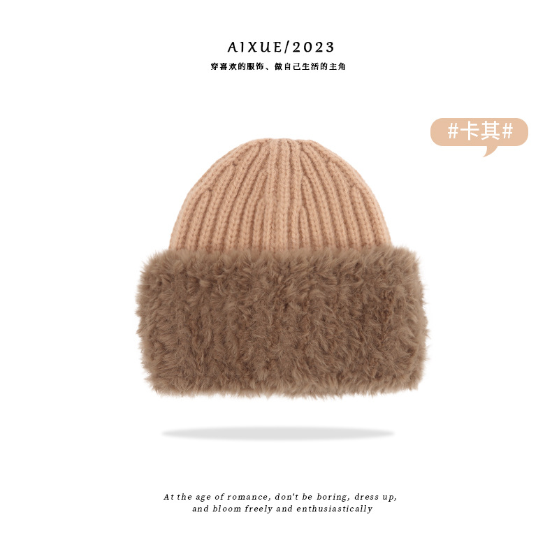 2023 Winter Trendy Knitted Hat Women's Fleece-Lined Thickened Wool Hat Outdoor Cold-Proof Confinement Cap Fashion Warm Hat