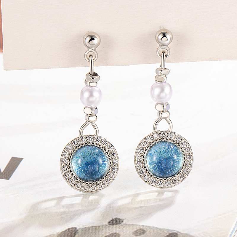 海蓝宝流苏珍珠碎银耳钉女新款高级感小众独特耳坠气质简约耳饰女