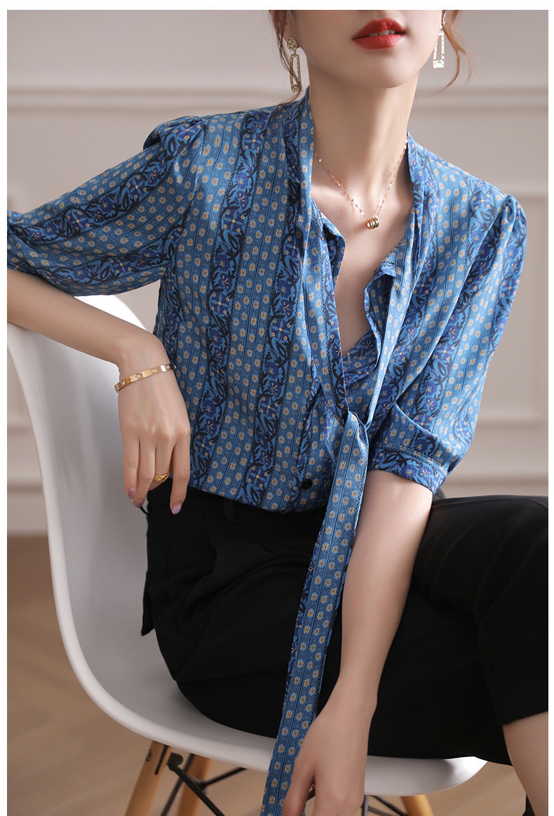 蓝色飘带衬衫女中袖条纹碎花上衣夏季显瘦宽松桑蚕丝真丝衬衣