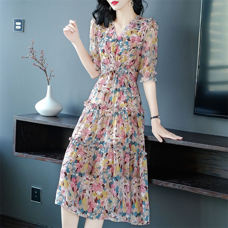 High-End Women's Clothing 100% Mulberry Silk Floral Dress High Waist Silk Dress Summer Dress Fairy Dress 46507