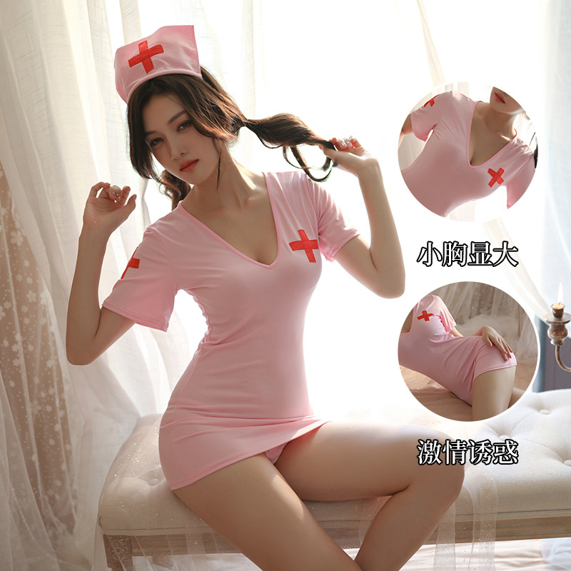 Adult Supplies Sexy Lingerie Sexy Female Deep V Back Hollow out Hot Temptation Role Playing Nurse Nightdress