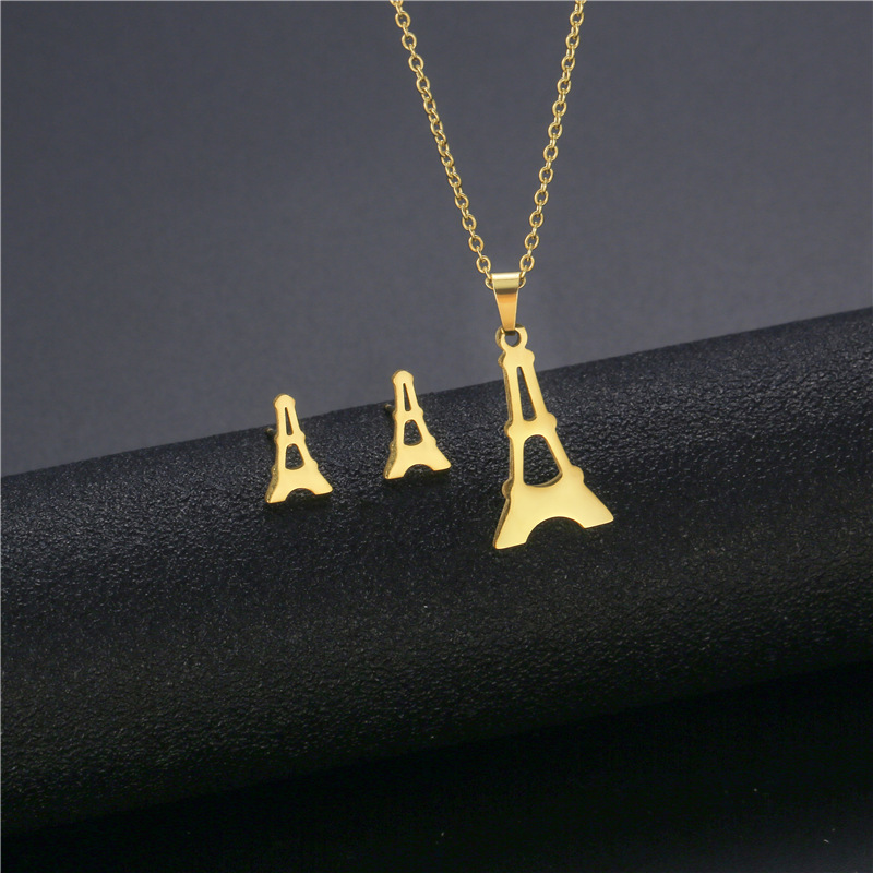 South America Ornament Supply Titanium Steel Necklace and Earring Suit Wholesale Romantic Paris Eiffel Tower Clavicle Chain Female