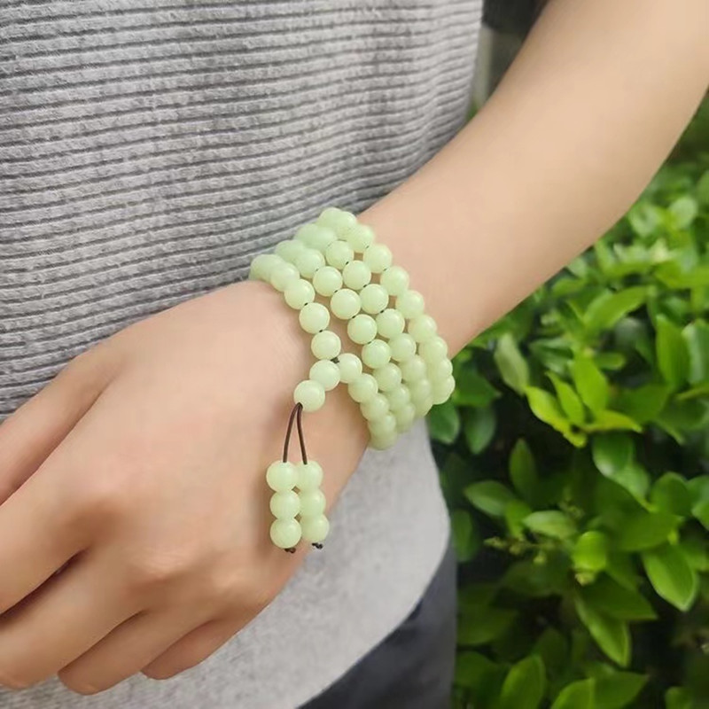 夜光石108颗佛珠多圈手链 冰洲石发光手链项链荧石夜明珠男女款