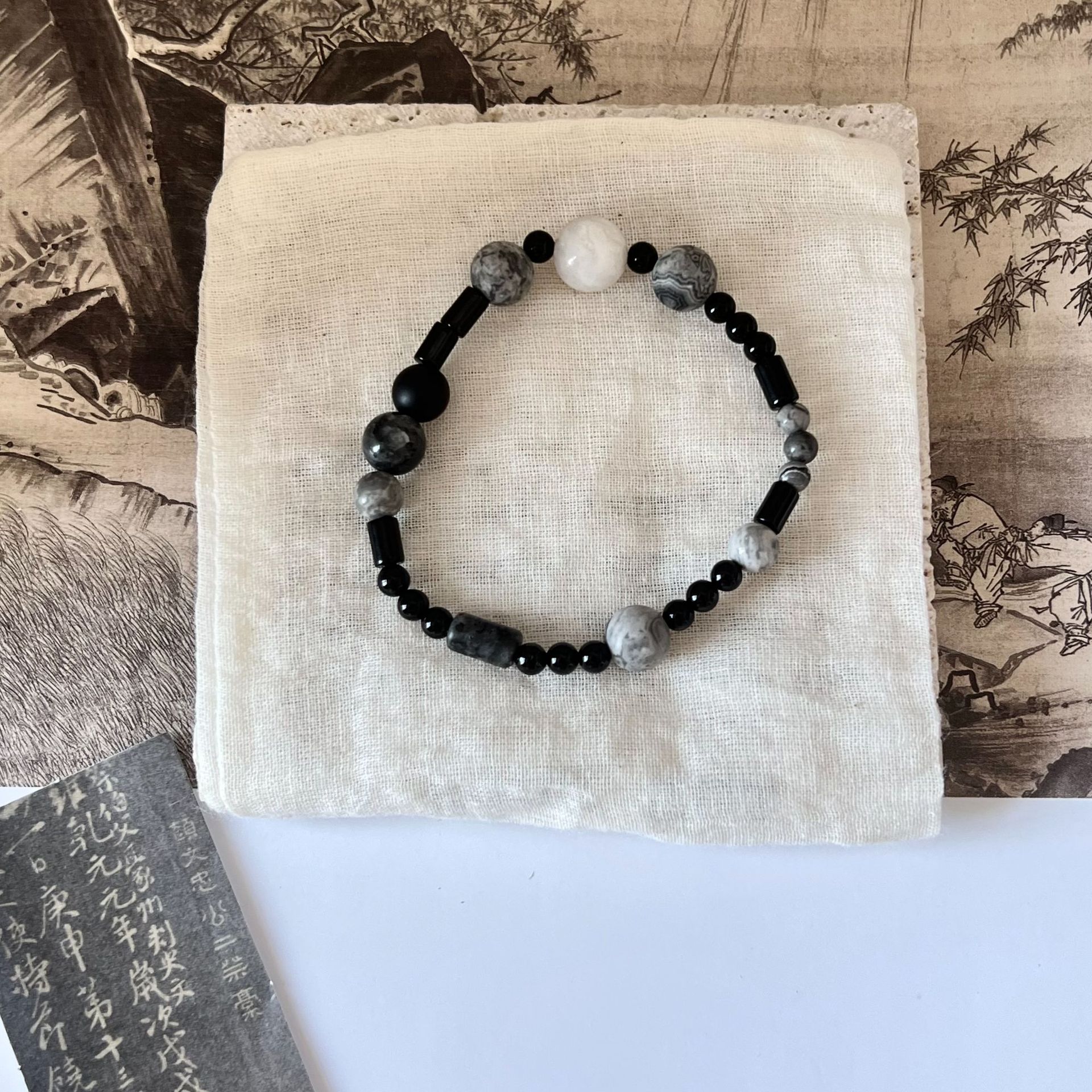 黑色系地图石复古串珠手链弹力松紧手串新中式国潮女小众设计手工