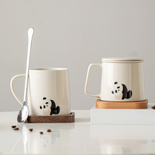 草木灰熊猫福宝马克杯礼物办公室咖啡杯家用喝水带盖陶瓷可爱杯子