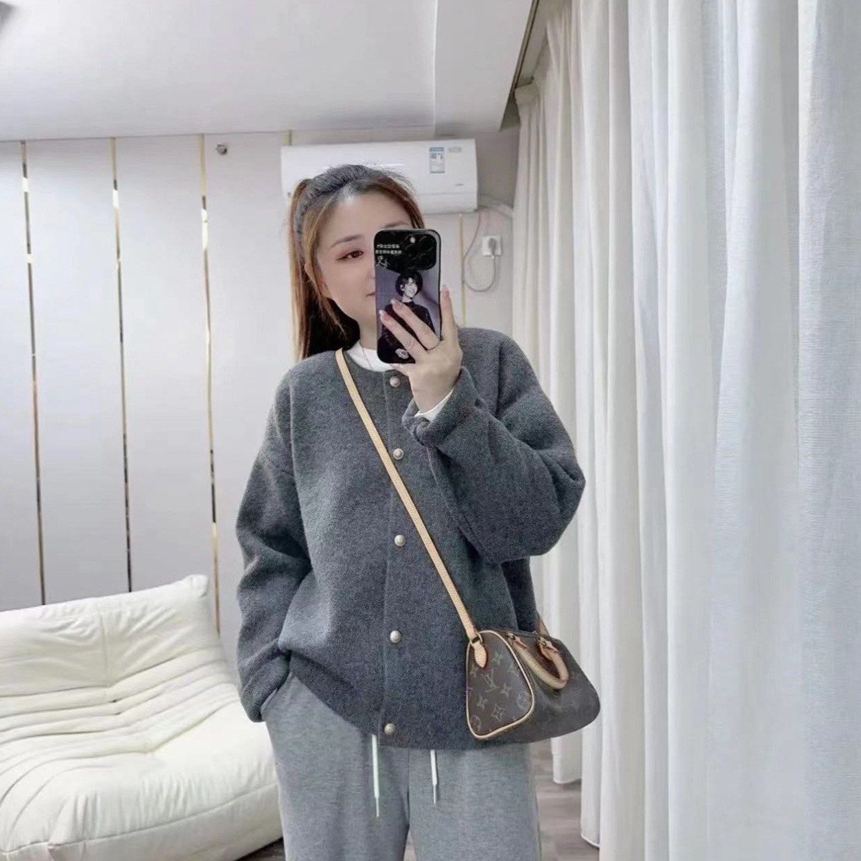 外贸新款宽松简约慵懒风净色针织开衫女圆领单排扣休闲针织外套女