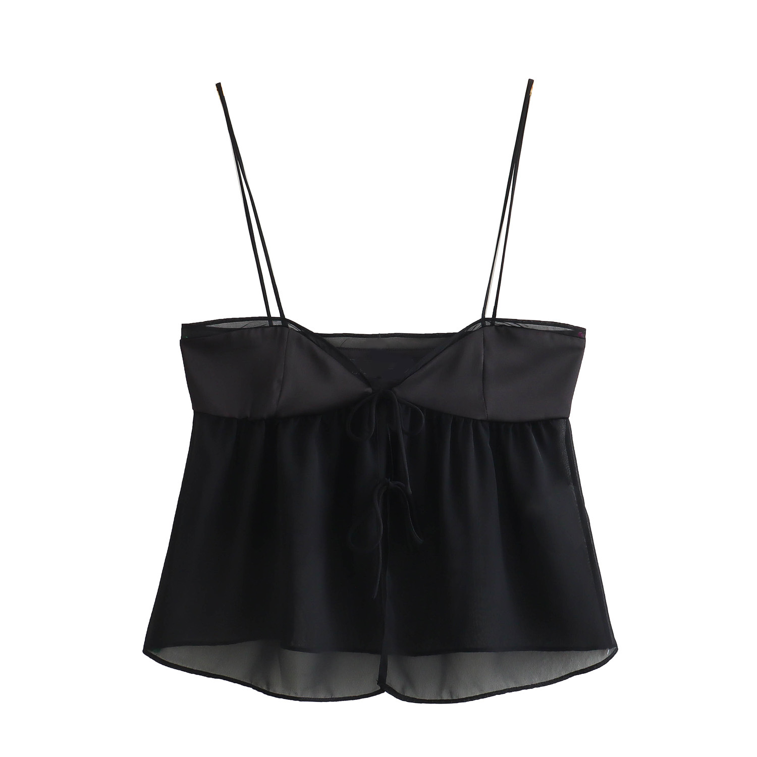 2024夏季时尚欧美风女装半透明黑色网纱吊带上衣-阿里巴巴