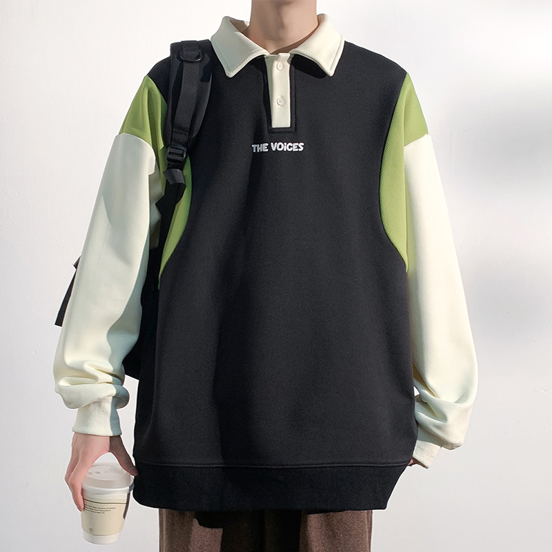 少年感2024春季新品简约拼色卫衣男生宽松大码休闲polo领上衣外套
