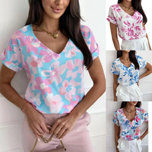 外贸亚马逊eBay2024夏季新款女式短袖上衣v领印花雪纺衬衫T恤女
