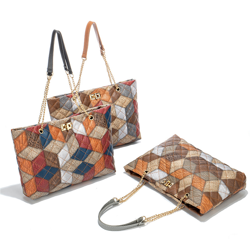 2024年潮流个性撞色菱形花纹托特包复古时尚女士链条手提购物袋批