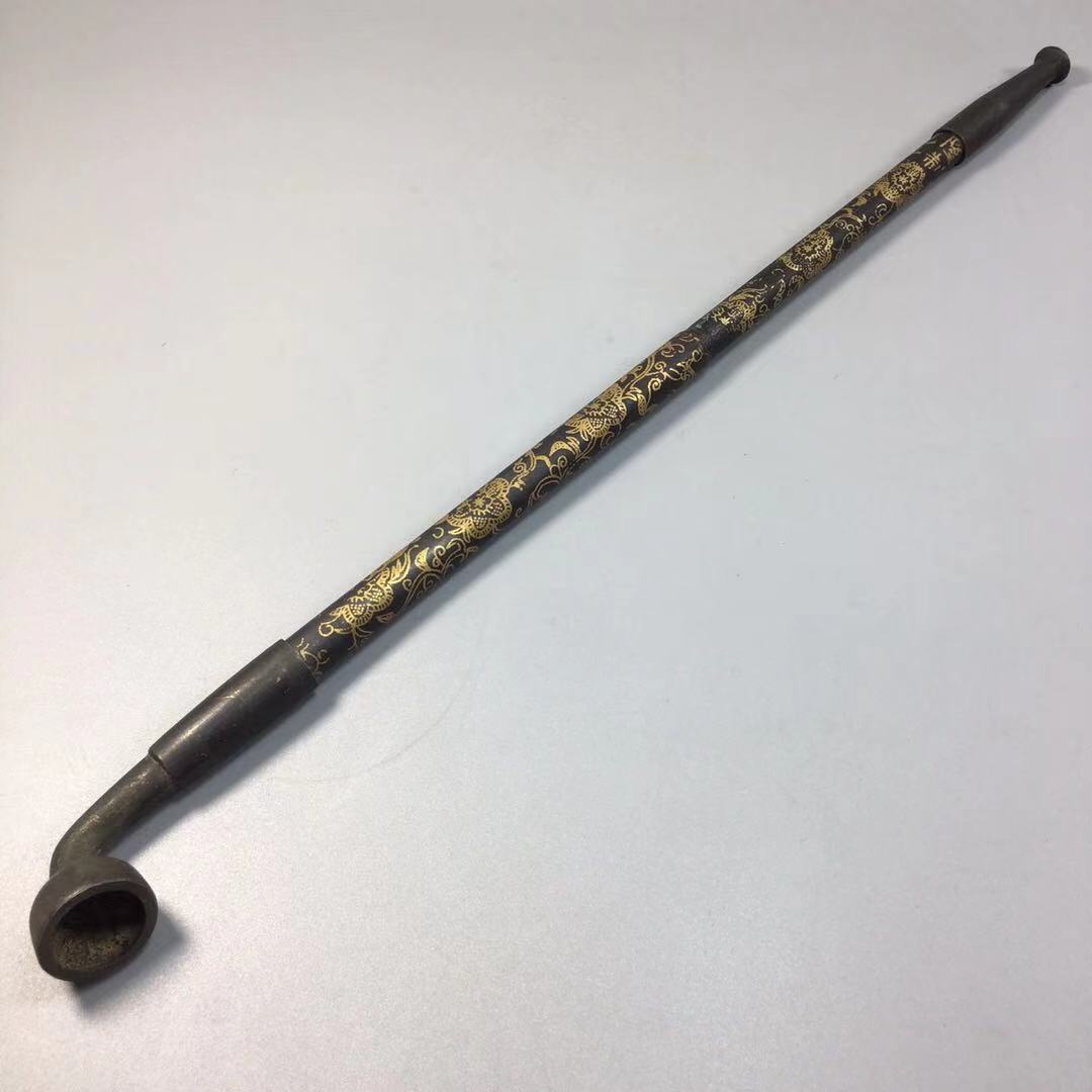 古玩杂项旱烟袋锅子纯铜烟锅旱烟杆老式黄铜旱烟枪长杆烟斗可伸缩