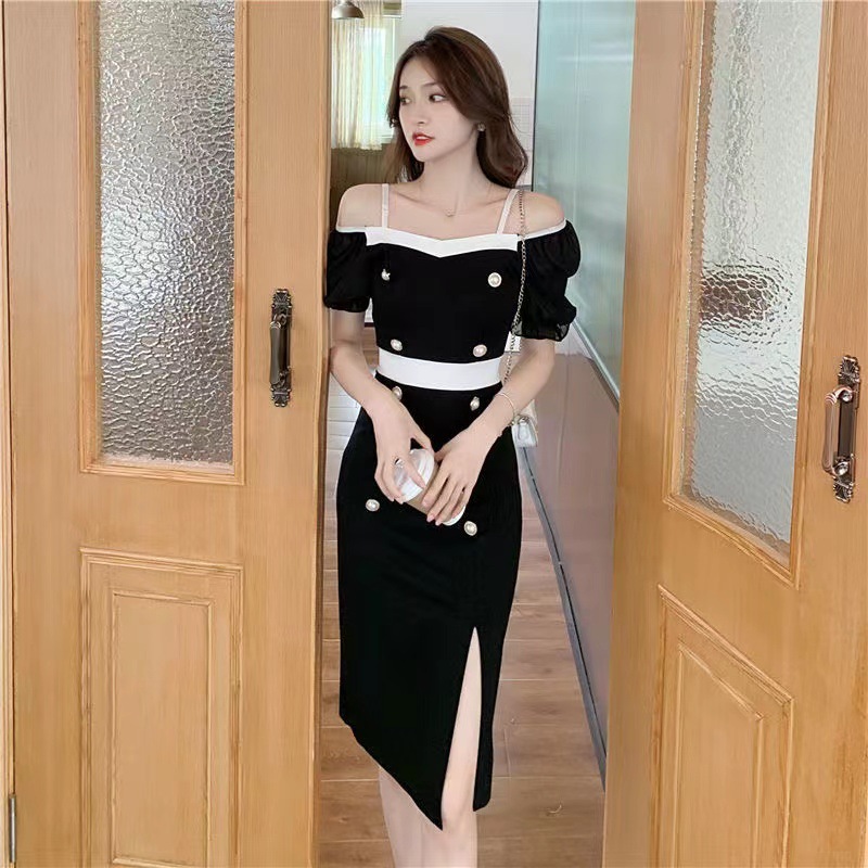 性感露肩双排扣包臀裙女2024夏新款洋气撞色开叉女人味礼服连衣裙