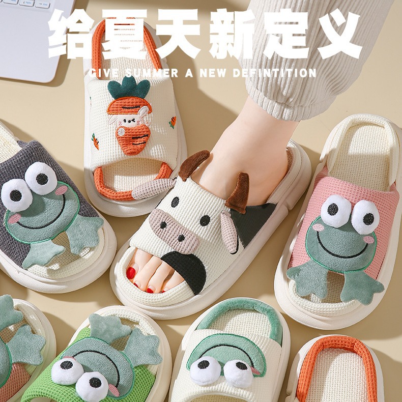 Boys and Girls All-Season Cute Frog Linen Slippers Couple Girl Heart Home Non-Slip Thick Bottom Spring and Autumn Cotton Linen Sandals