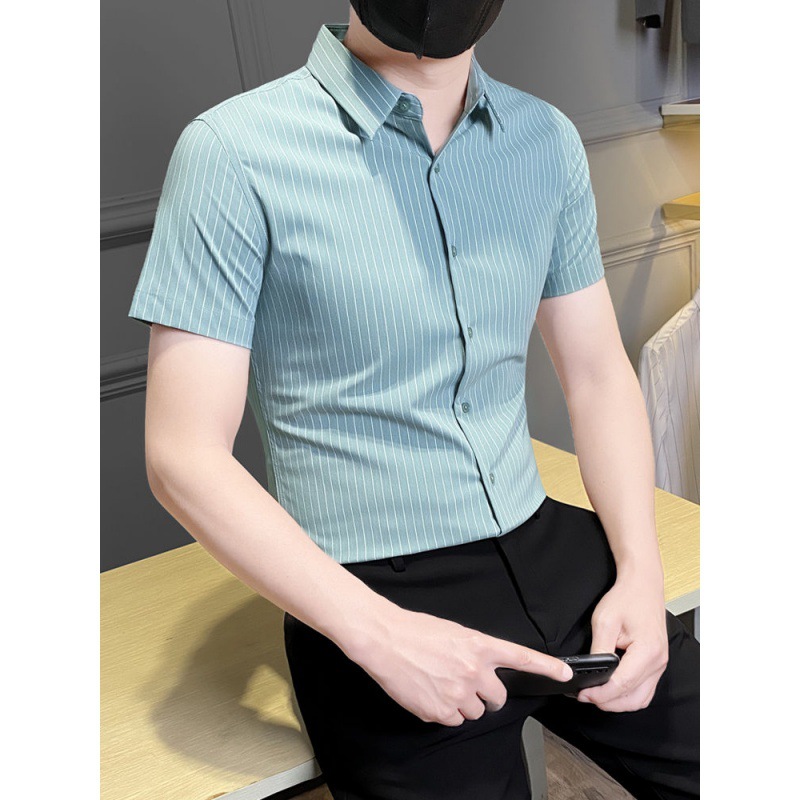 t鼍1条纹男士衬衫夏季薄款冰丝商务修身2024新款衬衣半袖男款
