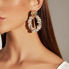 亚马逊 wish 跨境货源饰品 欧美时尚夸张珍珠镶钻合金绕线耳环女