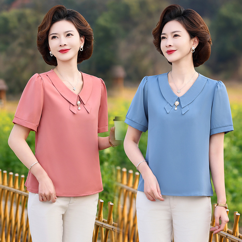 中年妈妈夏装上衣2024夏季新款洋气减龄中老年女短袖t恤雪纺小衫