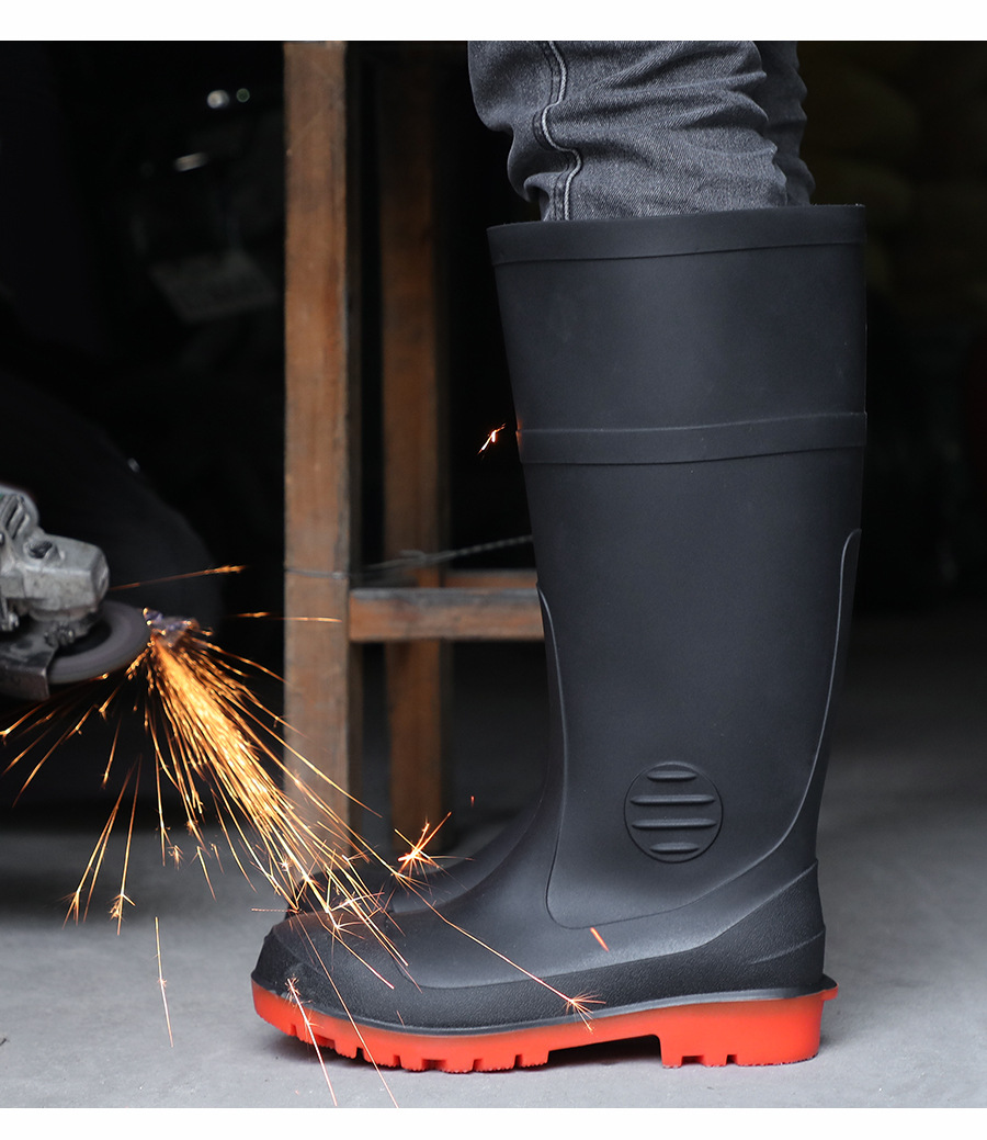高筒黑色工地钢头钢底防砸雨鞋 长筒胶鞋劳保防刺穿防护靴