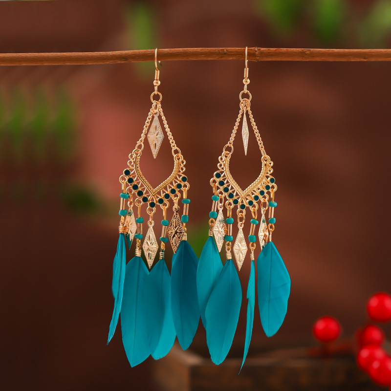 Amazon Sources Color Fan-Shaped Tassel Feather Earrings Women's Long Bohemian Bead European and American Earrings Wholesale