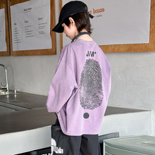男童紫色字母T恤2024春秋季新款儿童秋装上衣中大童春装帅气童装