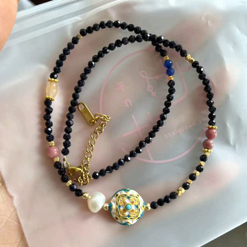 复古新中式天然蓝砂石串珠项链巴洛克淡水珍珠水晶颈链国潮锁骨链