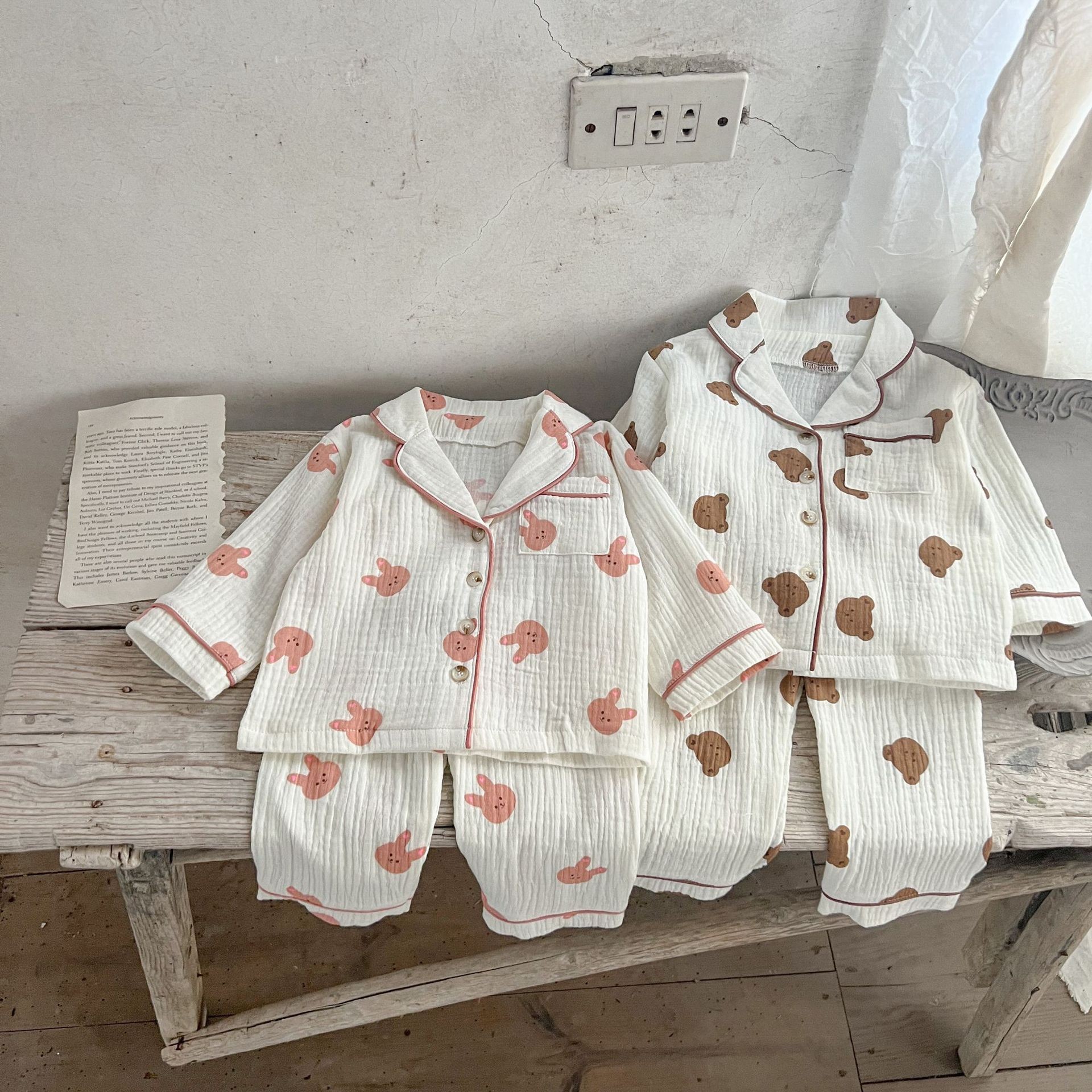 Korean Style Baby Cartoon Printed Lapel Air Conditioning Suit Men and Women Baby Cotton Linen Pajamas Home Wear Two-Piece Suit Baby Clothes