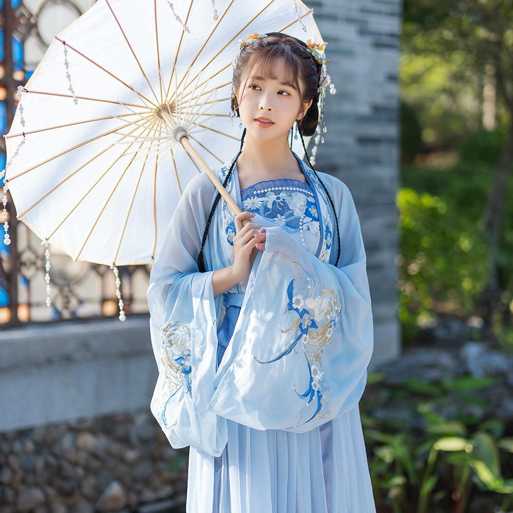 实拍汉服女新款对襟齐腰襦裙春夏三件套